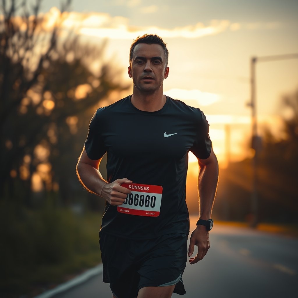 running t-shirt, golden hour lighting, warm tones, atmospheric