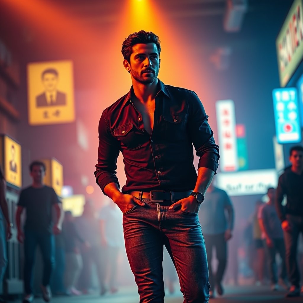 slim-fit jeans, cinematic lighting, vibrant colors, dramatic atmosphere