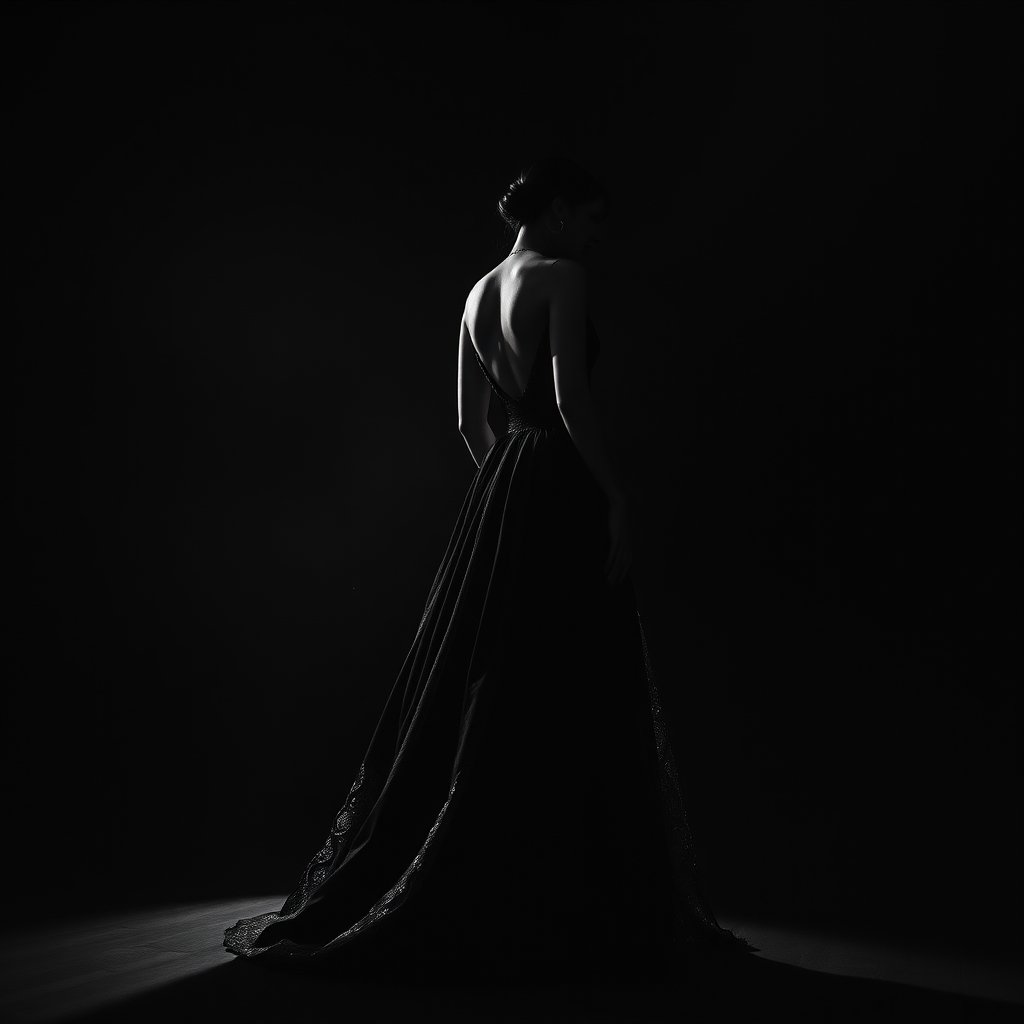 vestido largo, moody lighting, high contrast, fine art photography