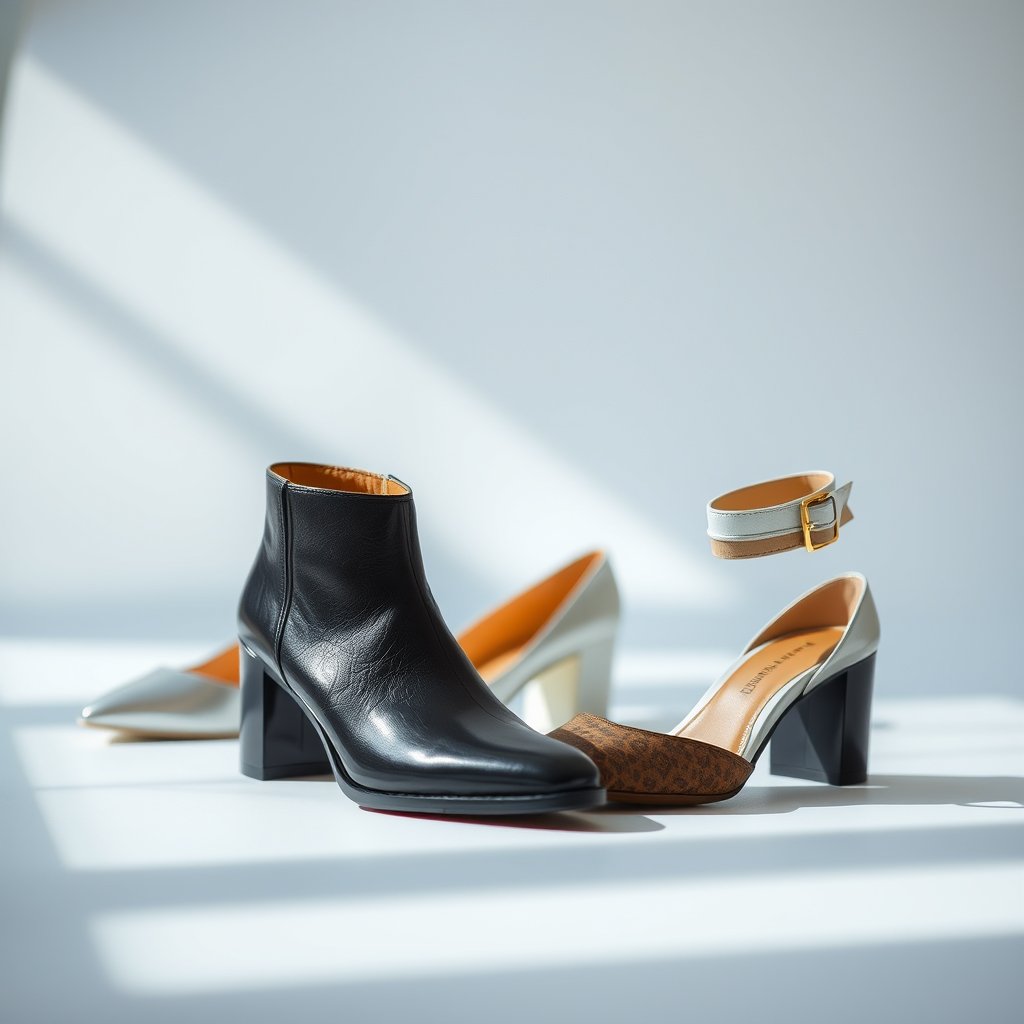 a collection of designer shoes on a minimal background, soft natural light, shallow depth of field, bokeh