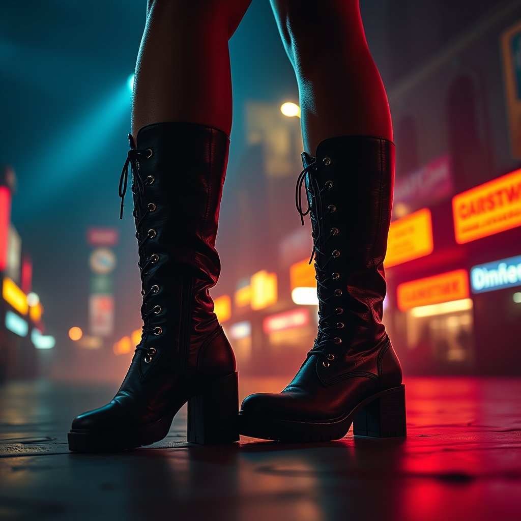 botas altas de cuero para mujer, cinematic lighting, vibrant colors, dramatic atmosphere