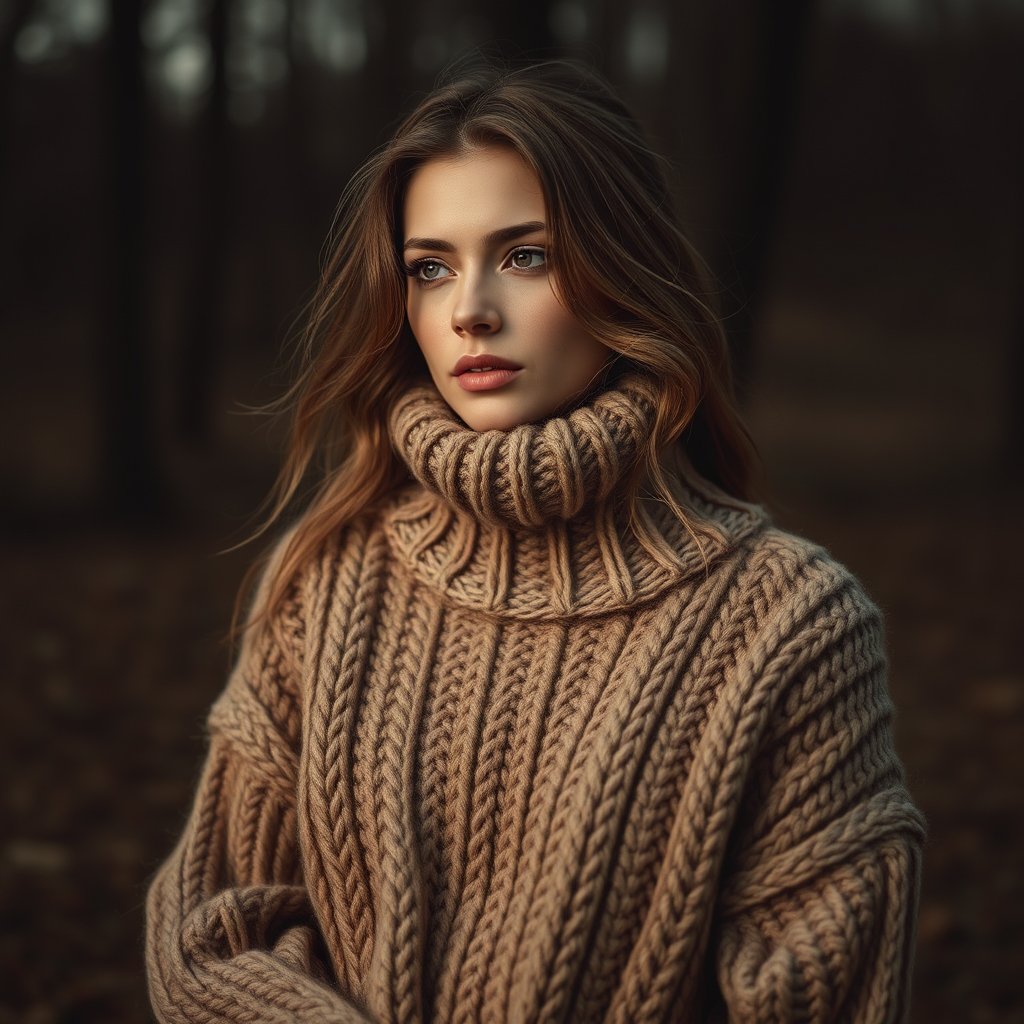 a model wearing a cozy knit sweater in autumn, moody lighting, high contrast, fine art photography