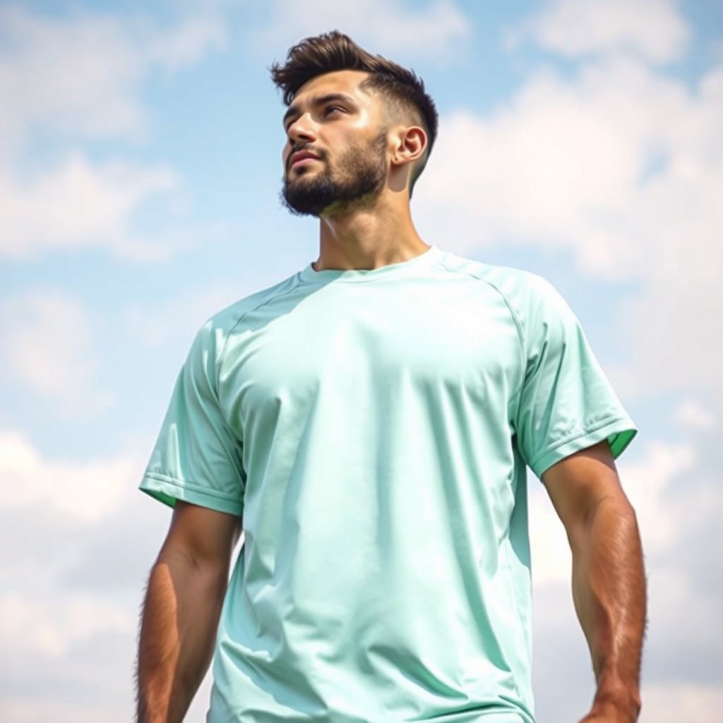 Men's sports t-shirt, bright and airy, pastel tones, dreamy aesthetic