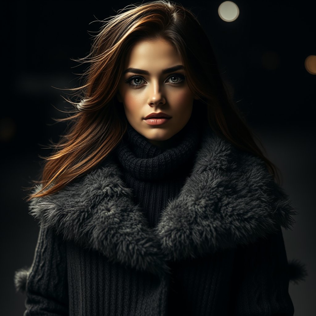 abrigo de invierno para mujer, moody lighting, high contrast, fine art photography