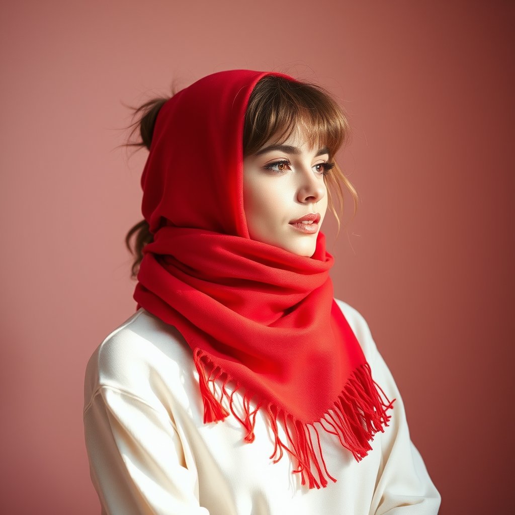 scarf red, bright and airy, pastel tones, dreamy aesthetic