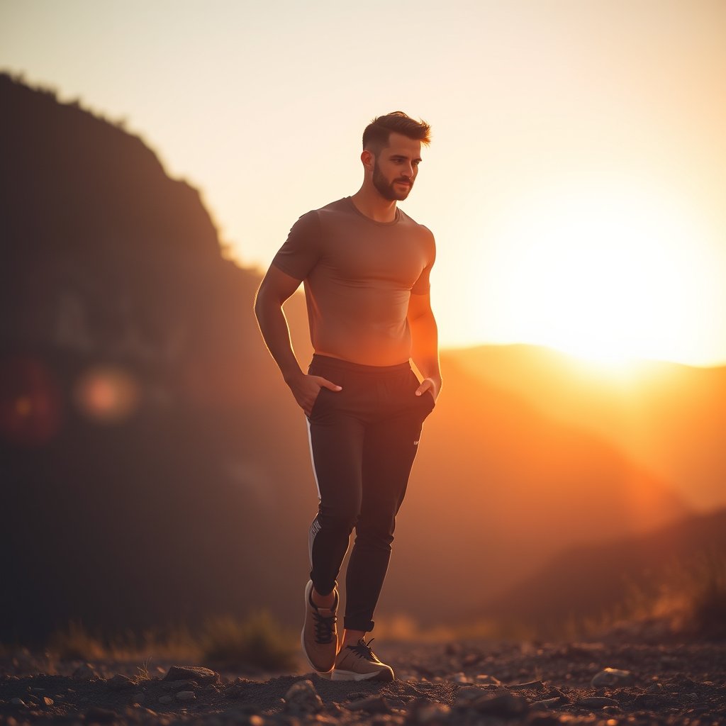 athletic pants for man, golden hour lighting, warm tones, atmospheric