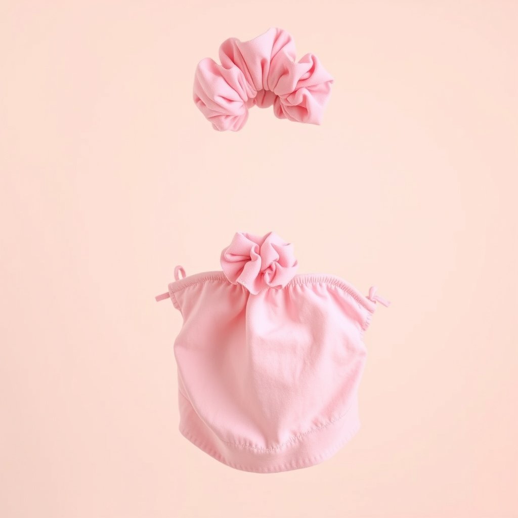 pink scrunchie TOP view
no background, bright and airy, pastel tones, dreamy aesthetic