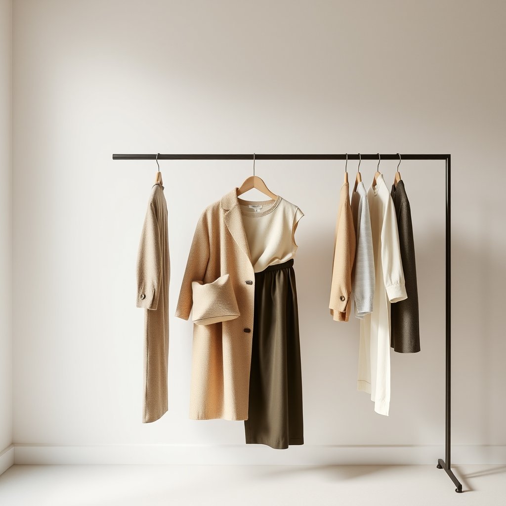 a minimalist capsule wardrobe in neutral tones, minimalist composition, clean background, elegant