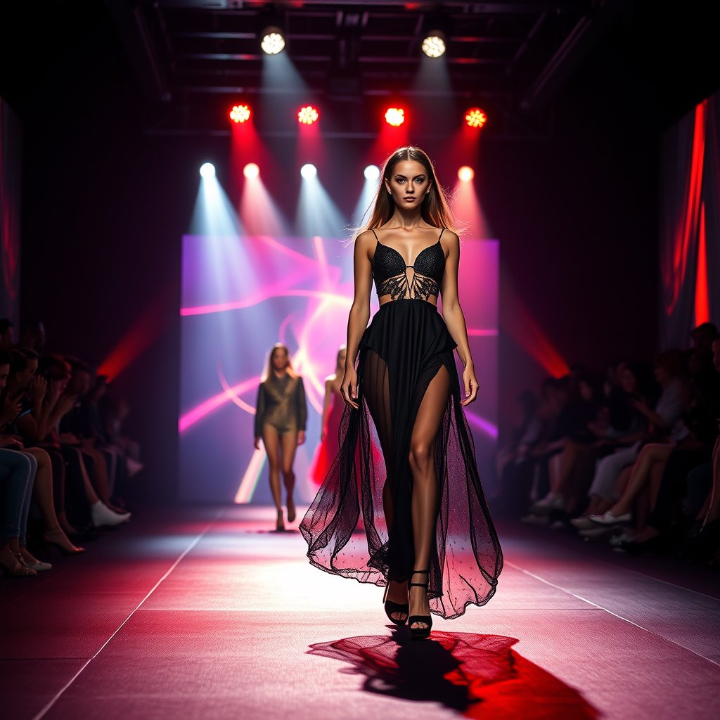 a vibrant runway fashion show with dramatic lighting, moody lighting, high contrast, fine art photography