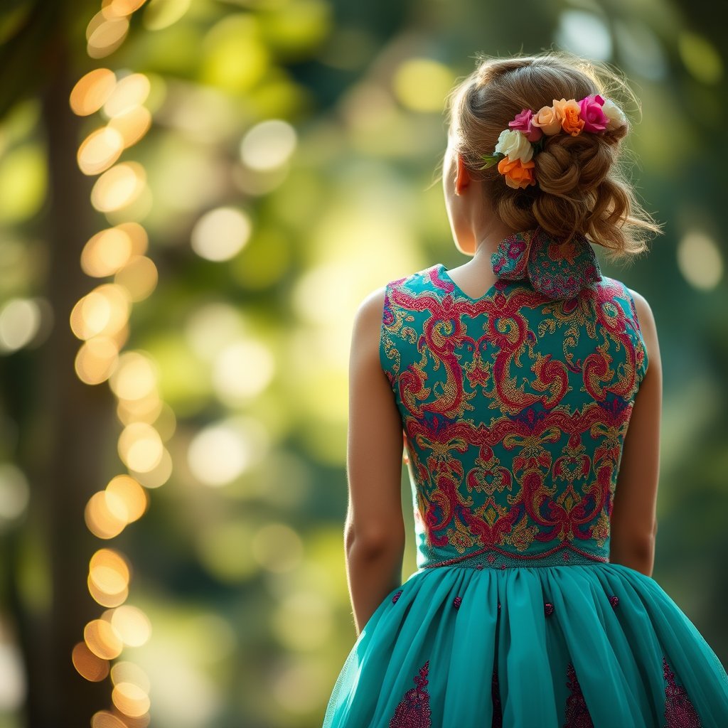 Vestido de fiesta, soft natural light, shallow depth of field, bokeh