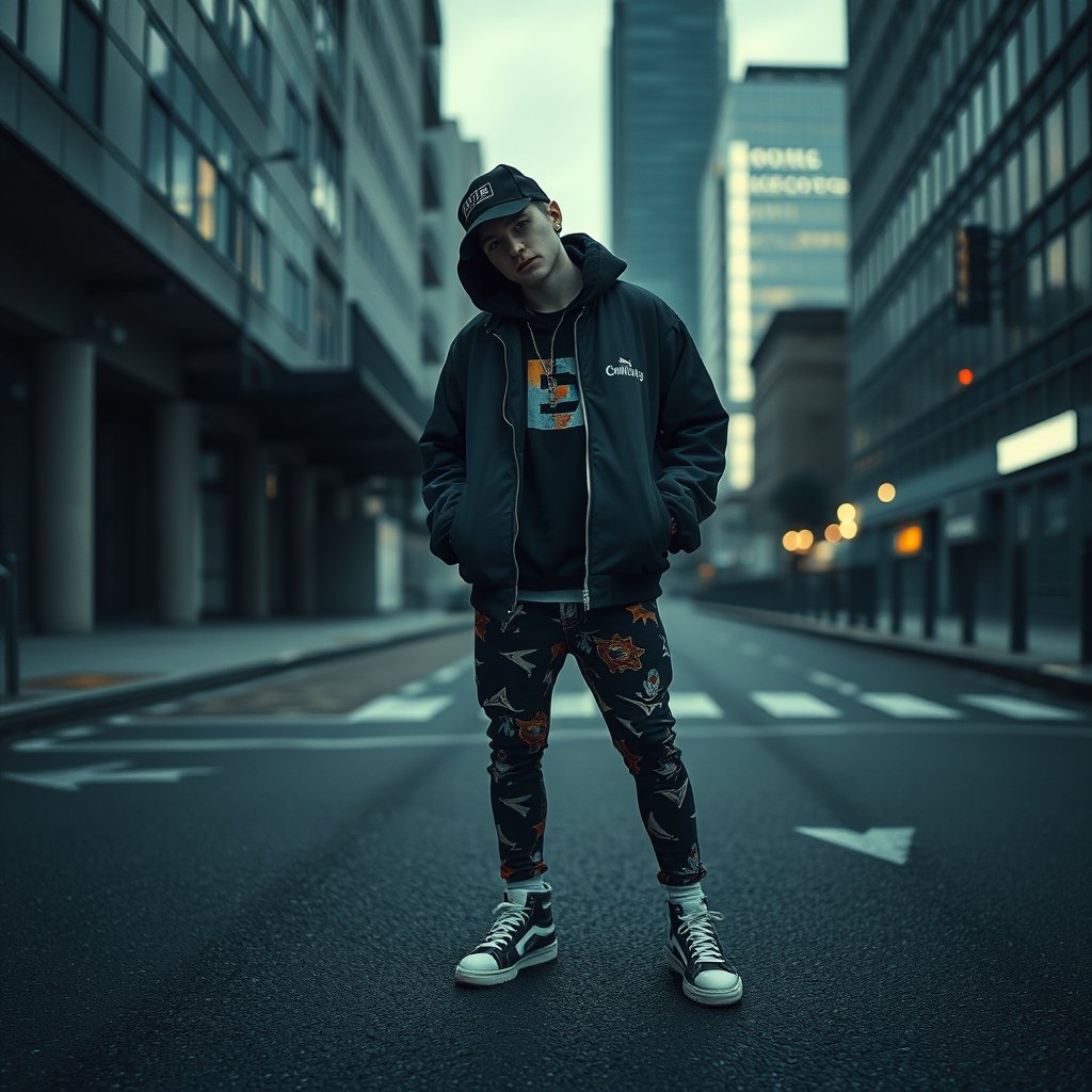a streetwear outfit on an urban background, moody lighting, high contrast, fine art photography