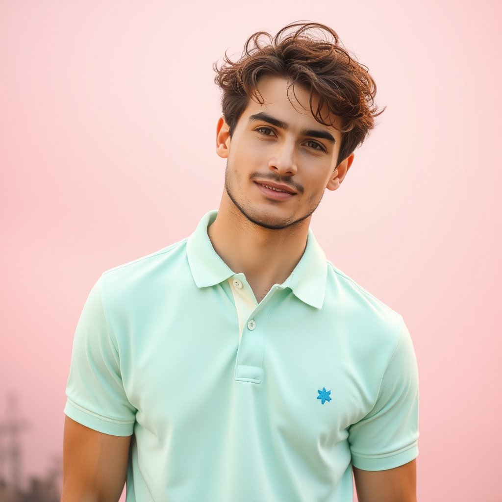 polo shirt for man, bright and airy, pastel tones, dreamy aesthetic