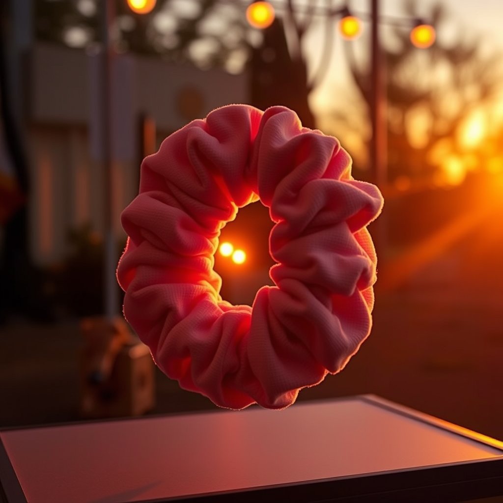 xxl scrunchie display for a website, golden hour lighting, warm tones, atmospheric
