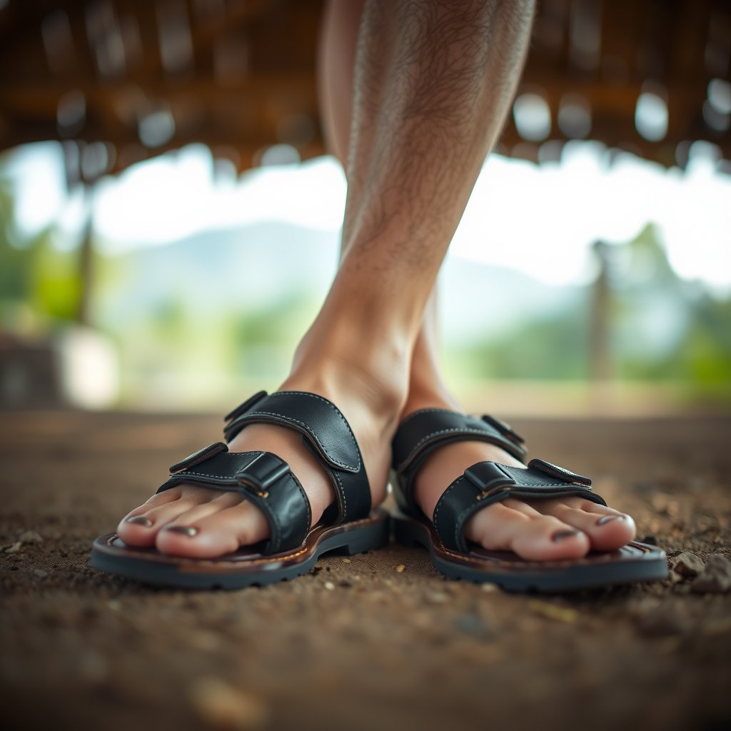 Men's sandals, soft natural light, shallow depth of field, bokeh