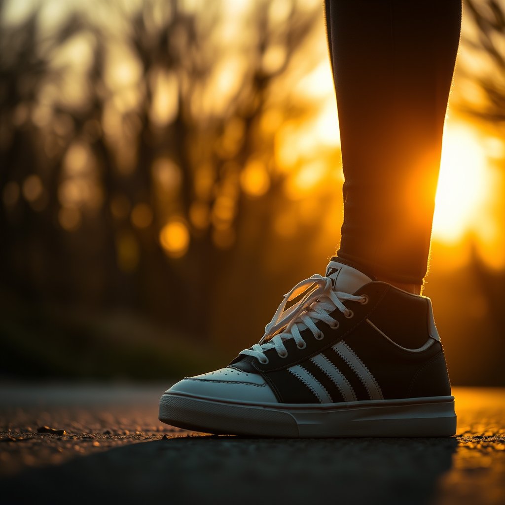 sneakers, golden hour lighting, warm tones, atmospheric