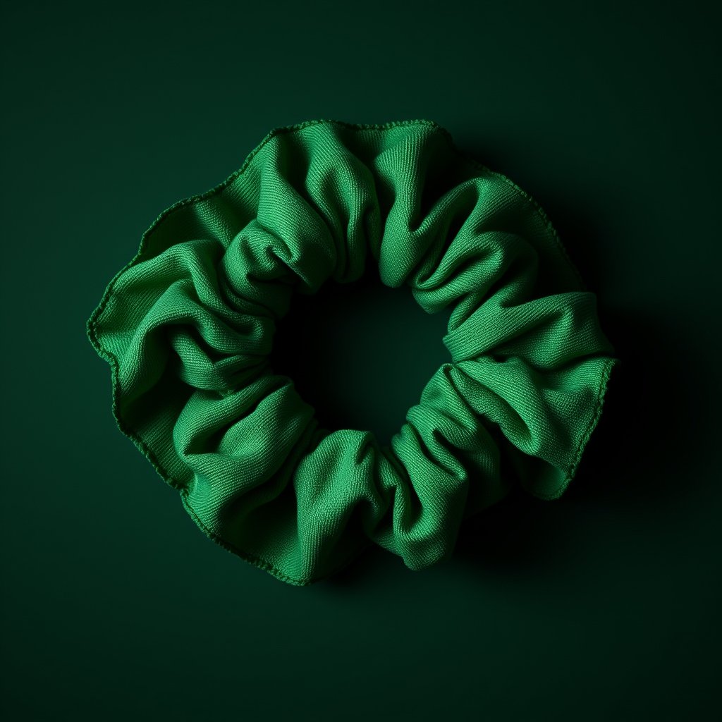 top view
green scrunchie
no background, moody lighting, high contrast, fine art photography