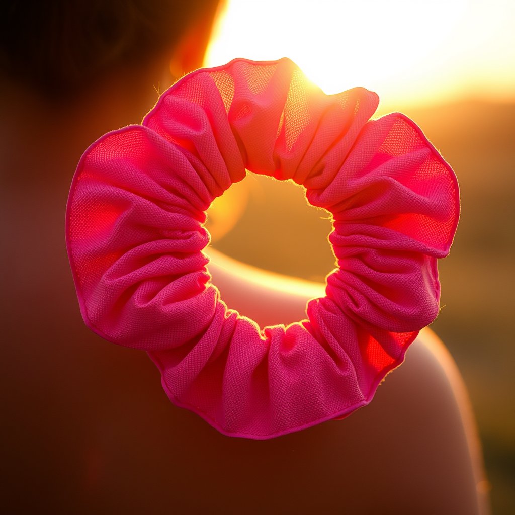 pink scrunchie TOP view
no background, golden hour lighting, warm tones, atmospheric