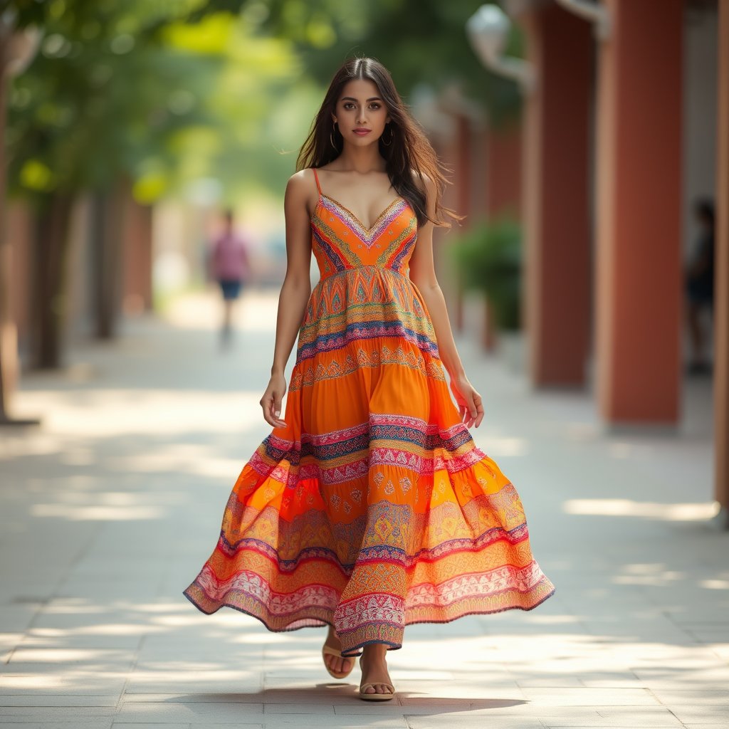 vestido largo colorido, soft natural light, shallow depth of field, bokeh