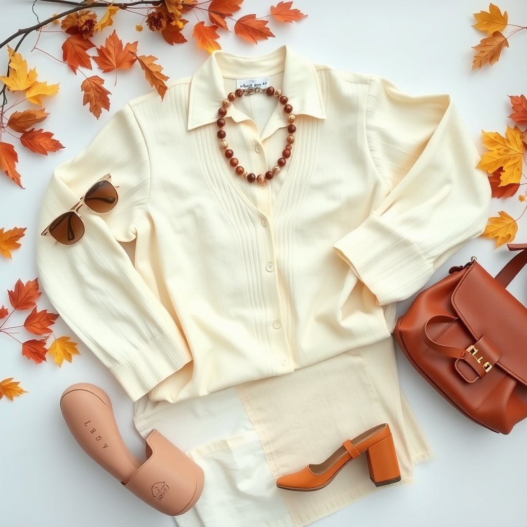 a flat-lay of stylish autumn outfit with accessories, bright and airy, pastel tones, dreamy aesthetic