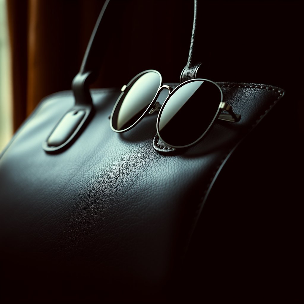 a close-up of luxury leather handbag and sunglasses, moody lighting, high contrast, fine art photography