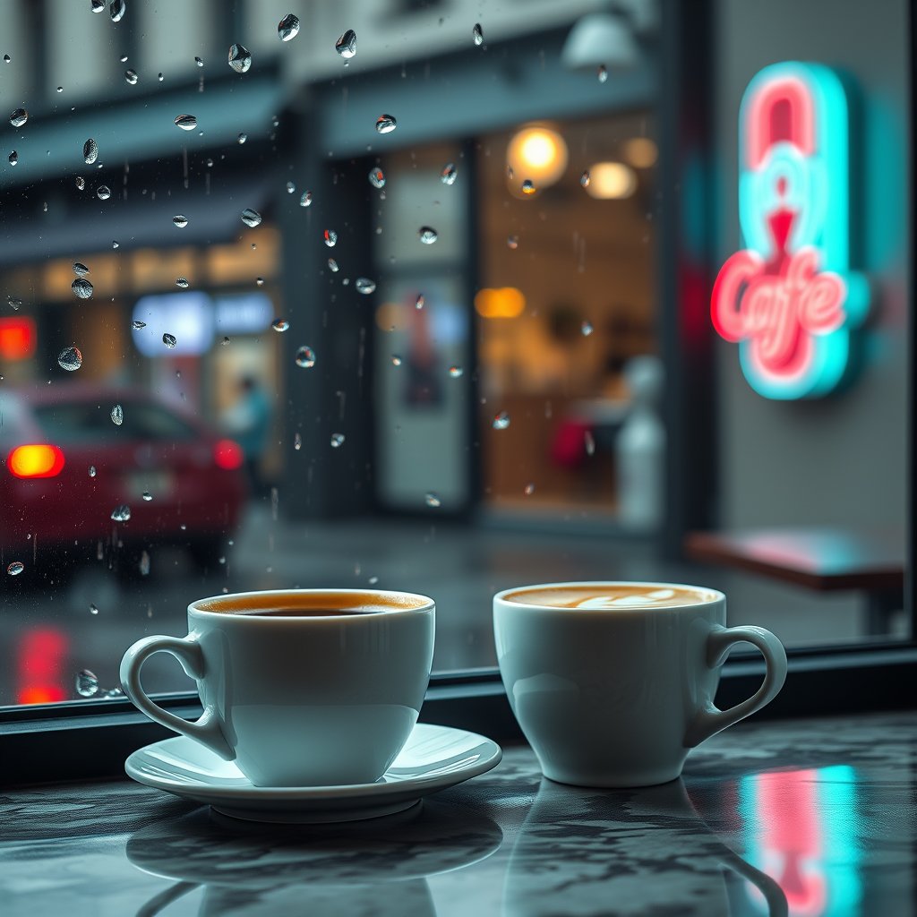 A photograph of two cups of coffee in a cafe by the window, with rain falling outside and a neon sign visible., ultra realistic, crisp details, studio quality