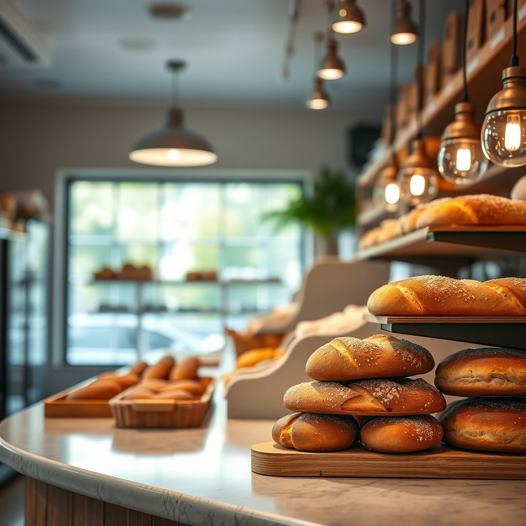 food bakery shop interior bread counter, soft natural light, shallow depth of field, bokeh