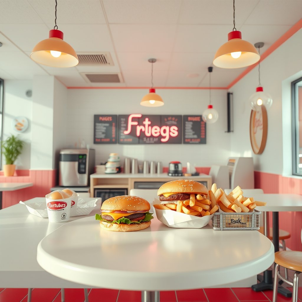 food burger restaurant interior fast food, bright and airy, pastel tones, dreamy aesthetic