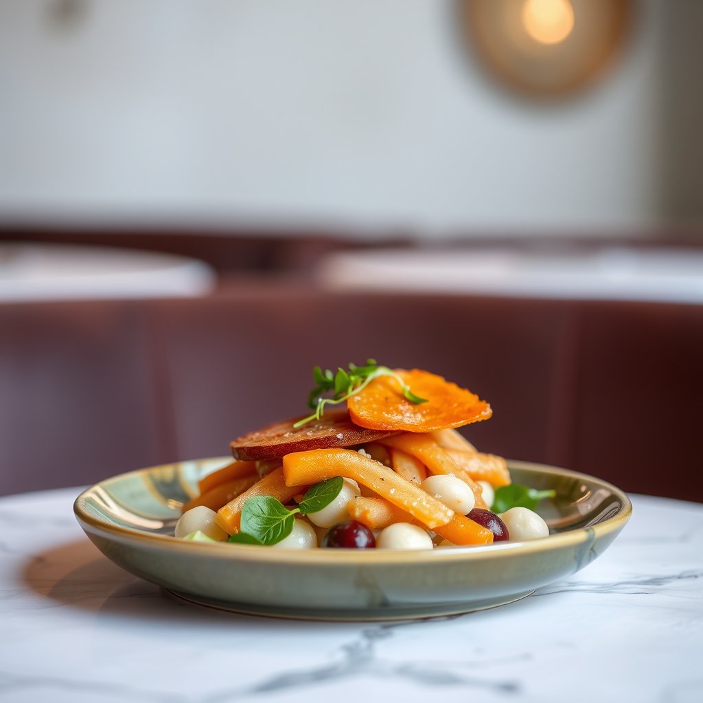 food gourmet dish restaurant serving plate, bright and airy, pastel tones, dreamy aesthetic