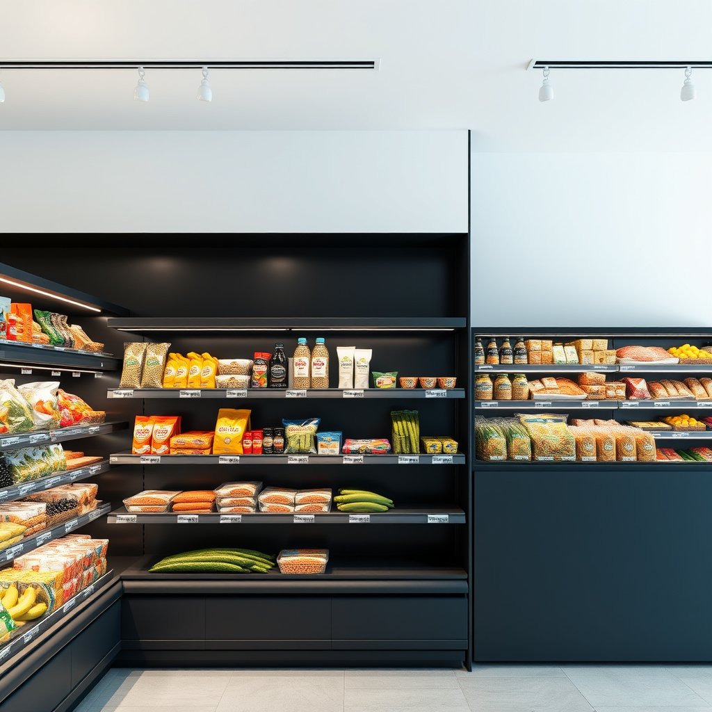 food grocery store interior shelves, minimalist composition, clean background, elegant