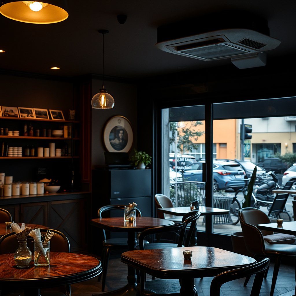 food coffee shop interior cozy cafe, moody lighting, high contrast, fine art photography