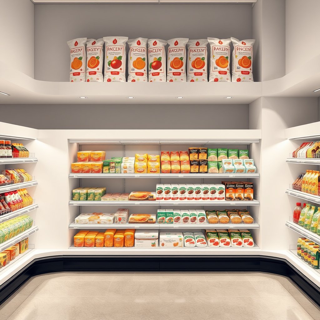 food grocery store interior shelves, minimalist composition, clean background, elegant