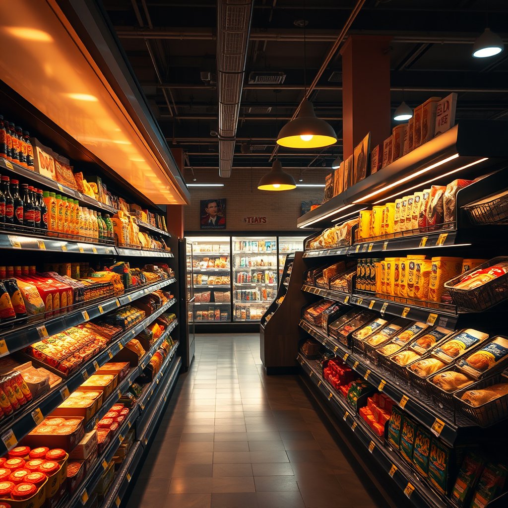 food grocery store interior shelves, golden hour lighting, warm tones, atmospheric