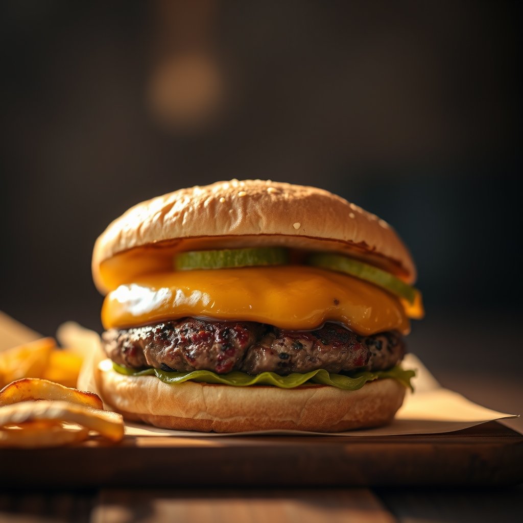 burger sandwich meat patty closeup, golden hour lighting, warm tones, atmospheric, moody lighting, high contrast, fine art photography, golden hour lighting, warm tones, atmospheric