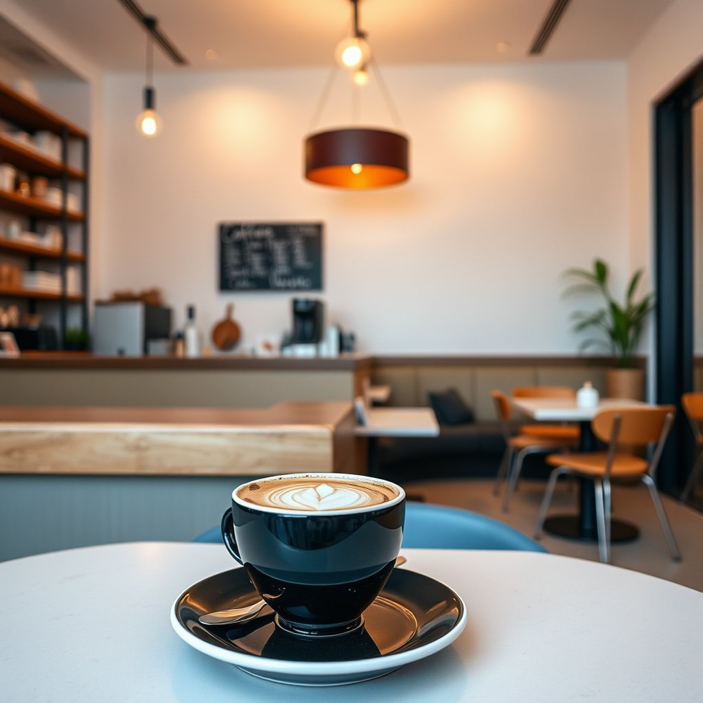 food coffee shop interior cozy cafe, minimalist composition, clean background, elegant