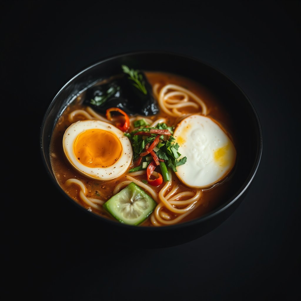 a bowl of ramen with egg, noodles and vegetables, moody lighting, high contrast, fine art photography