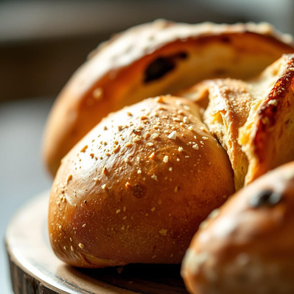 food fresh bread pastry bakery item closeup, soft natural light, shallow depth of field, bokeh