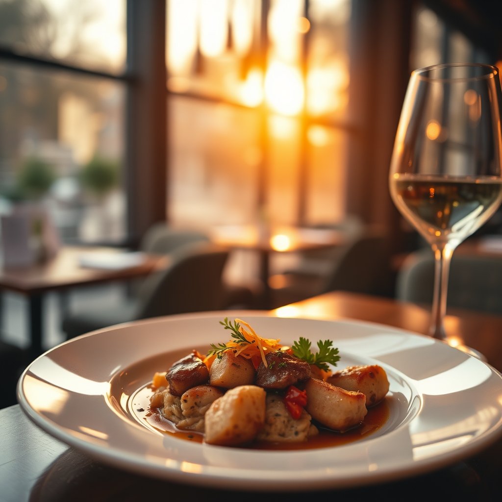 food gourmet dish restaurant serving plate, golden hour lighting, warm tones, atmospheric