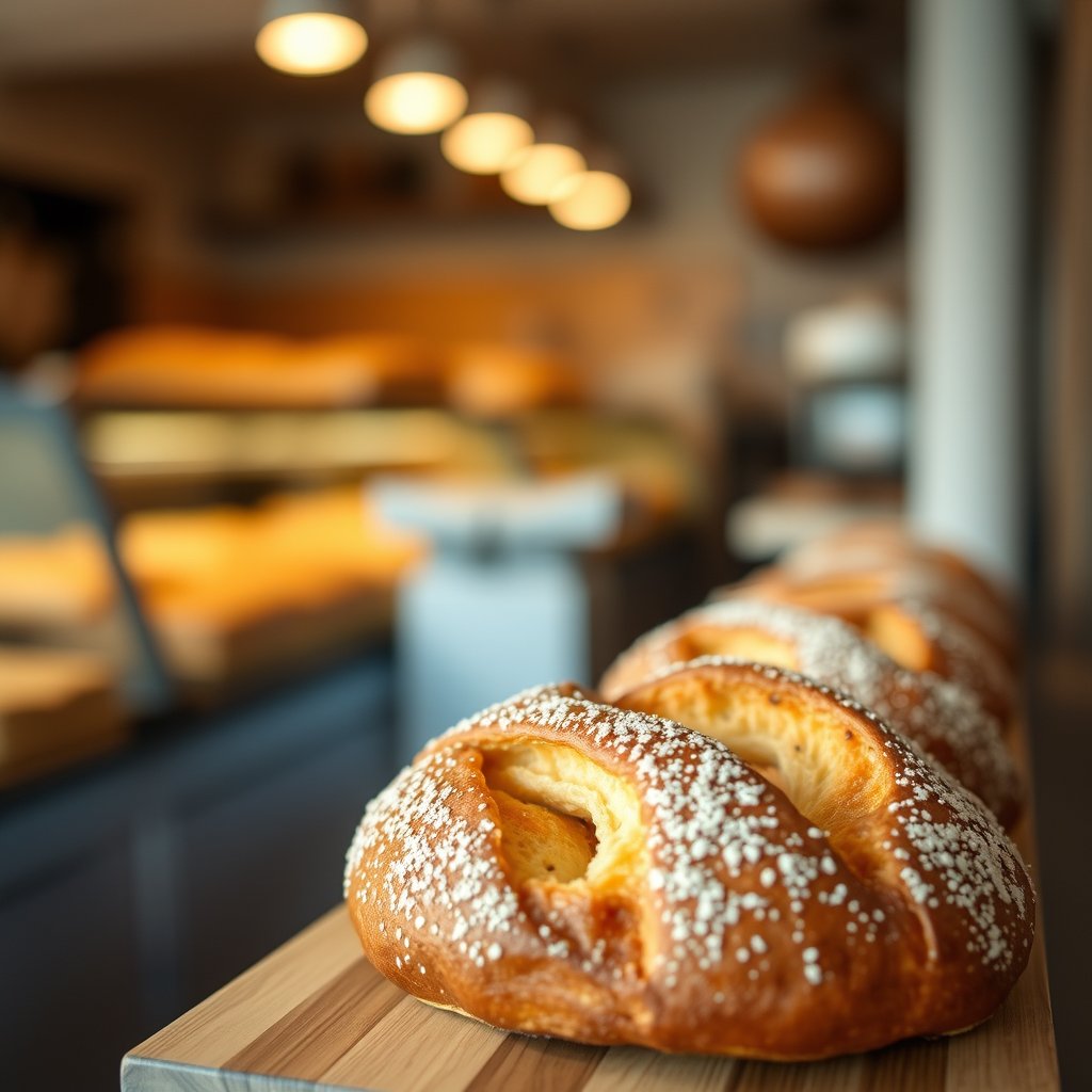 food fresh bread pastry bakery, soft natural light, shallow depth of field, bokeh