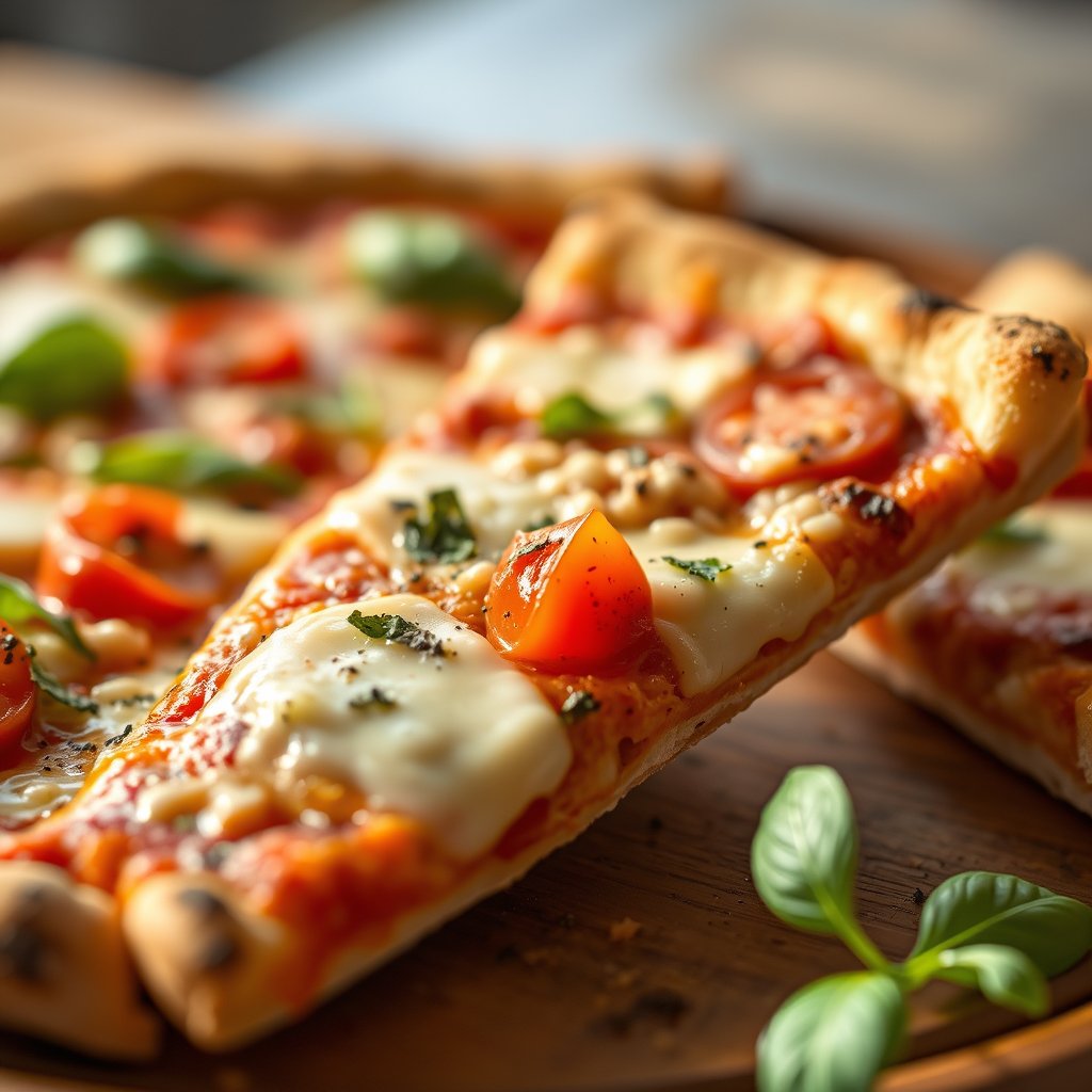 food pizza italian cheese toppings slice, soft natural light, shallow depth of field, bokeh