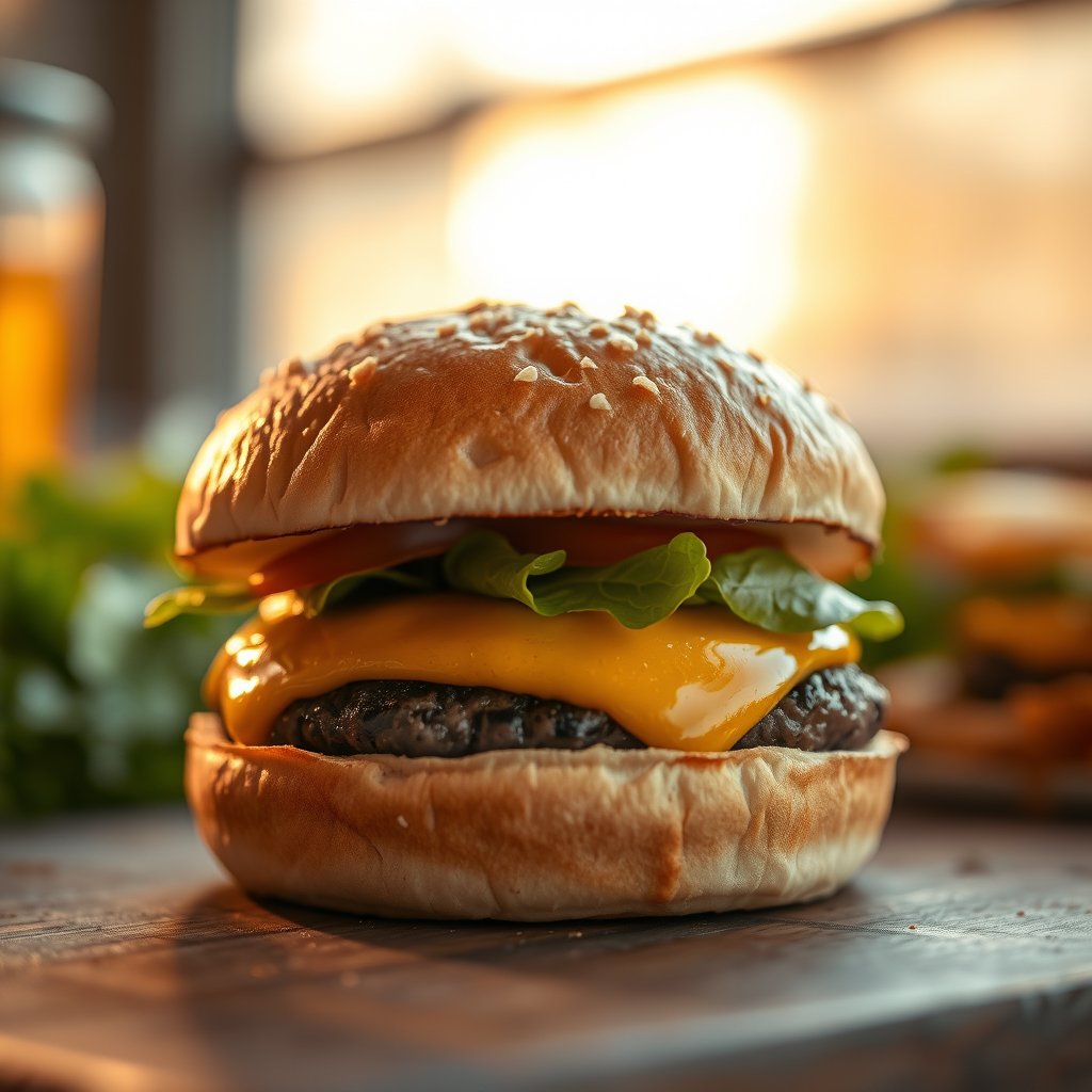 burger sandwich meat patty closeup, golden hour lighting, warm tones, atmospheric
