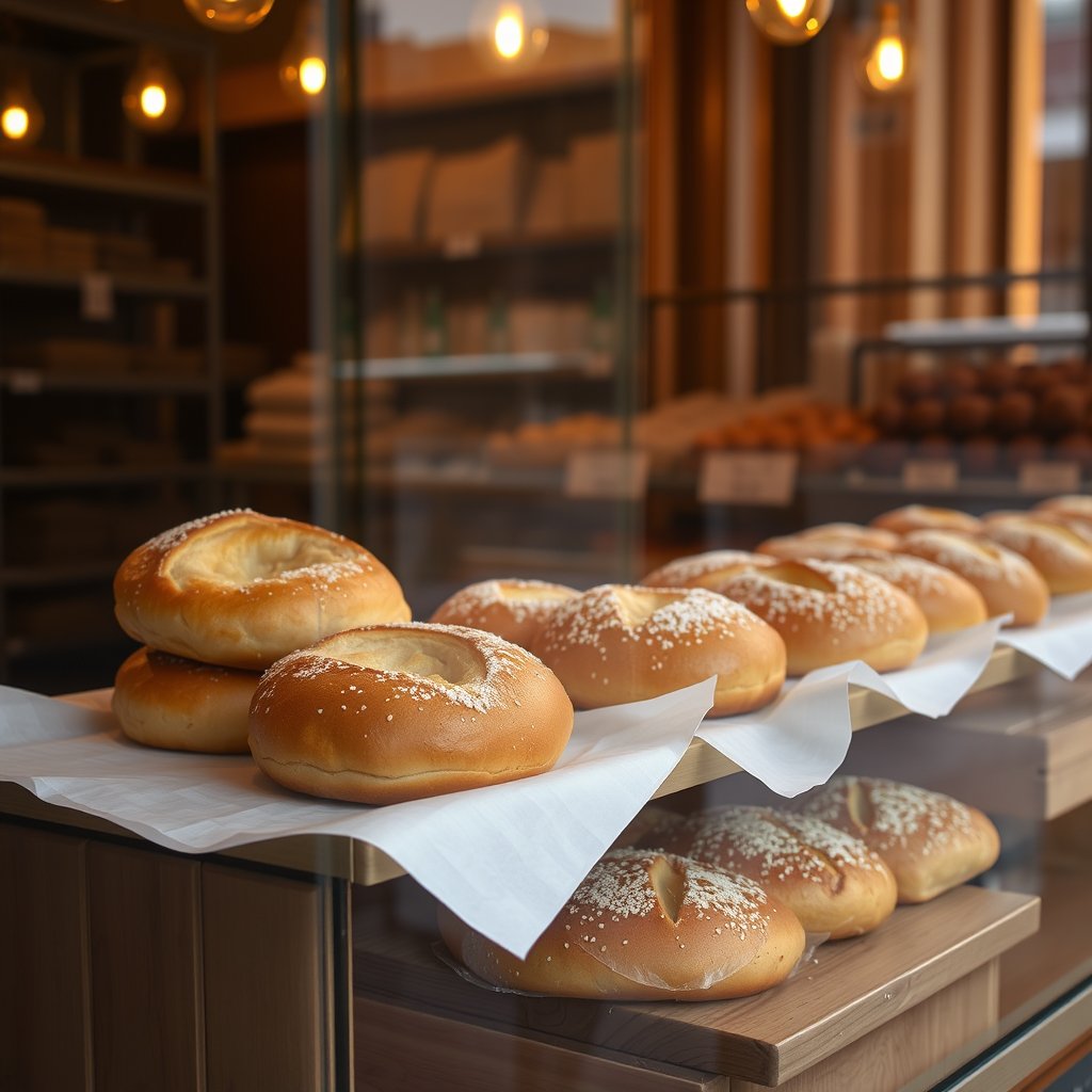 food fresh bread pastry bakery, golden hour lighting, warm tones, atmospheric
