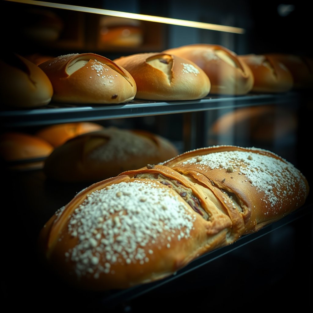 food fresh bread pastry bakery, moody lighting, high contrast, fine art photography