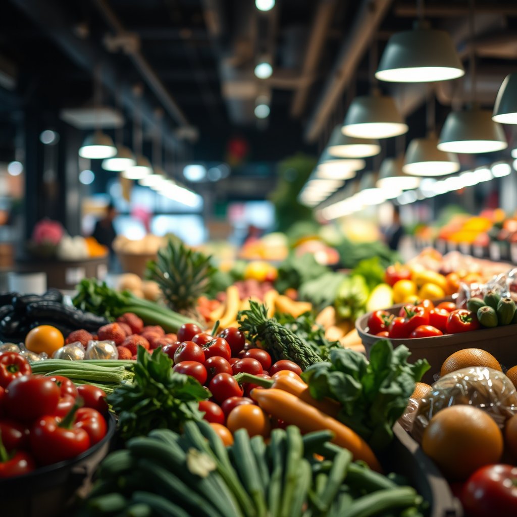 fresh grocery fruits vegetables display, cinematic lighting, vibrant colors, dramatic atmosphere, soft natural light, shallow depth of field, bokeh