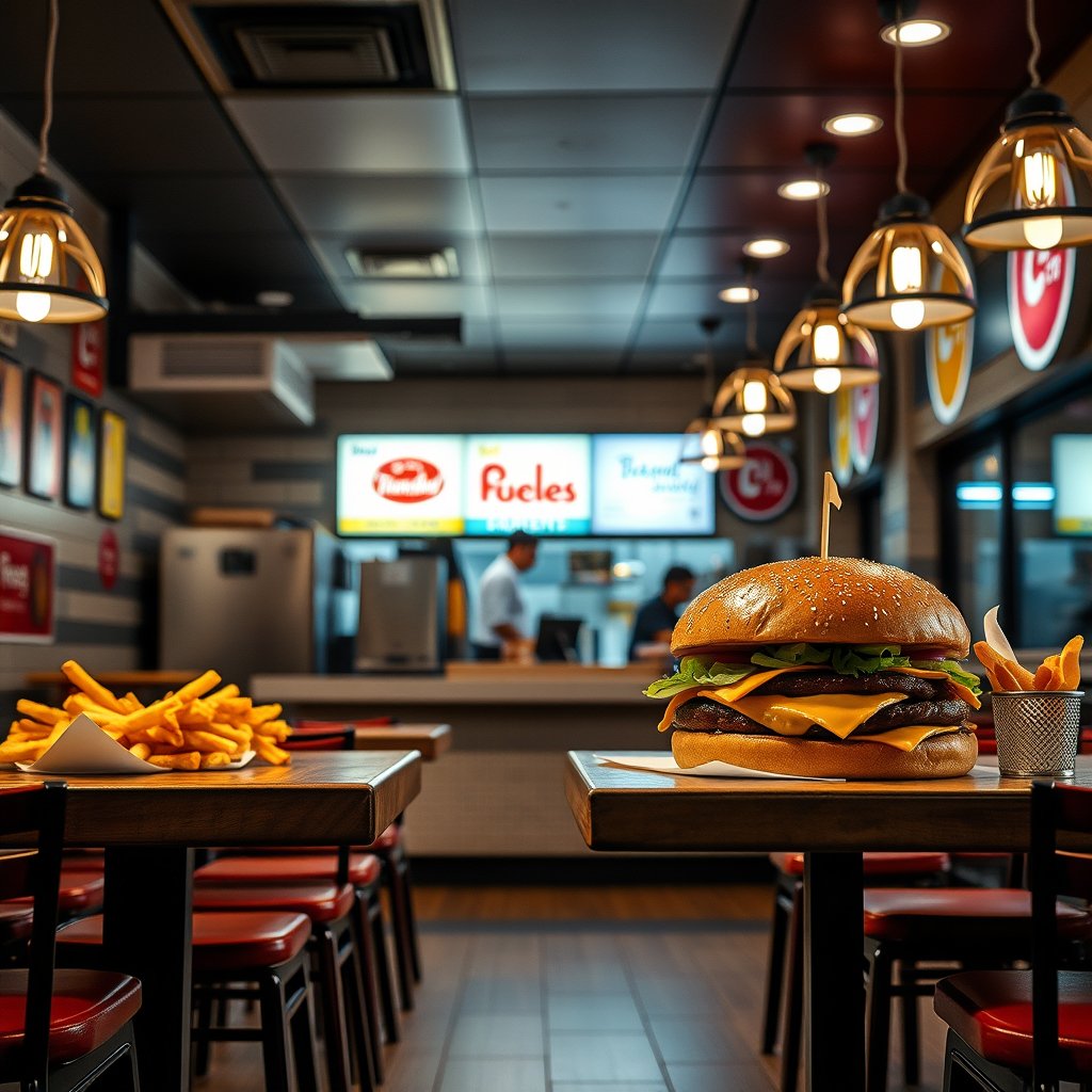 food burger restaurant interior fast food, highly detailed, 8k, professional photography, sharp focus