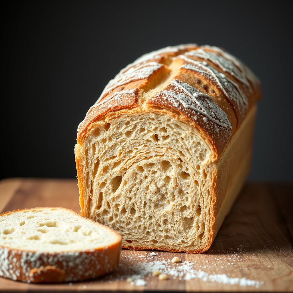 fresh bread loaf, bakery, professional food photography, ultra realistic, crisp details, studio quality