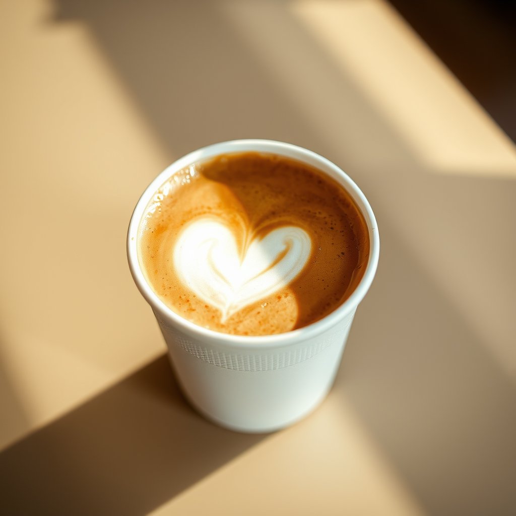 cappuccino in a paper cup with foam, food photography, warm light, bright and airy, pastel tones, dreamy aesthetic