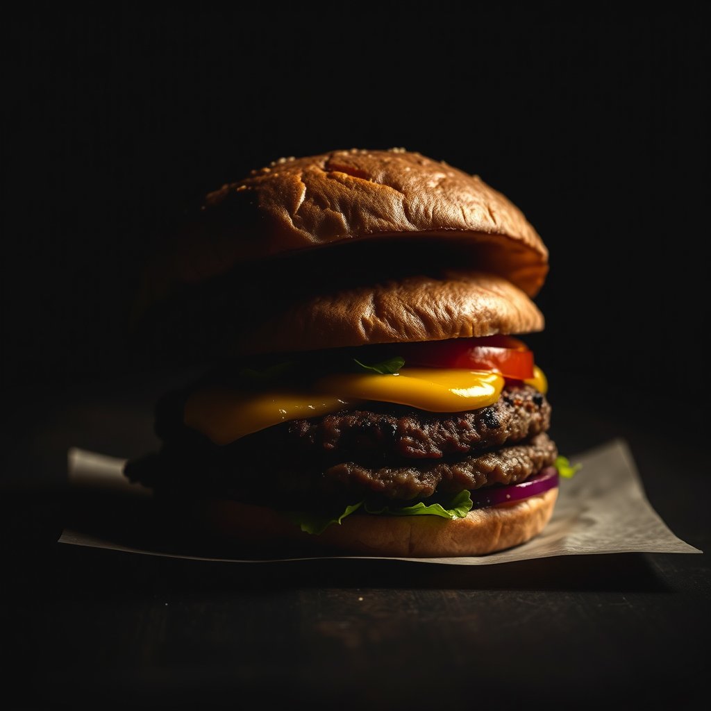 food burger sandwich meat patty, moody lighting, high contrast, fine art photography