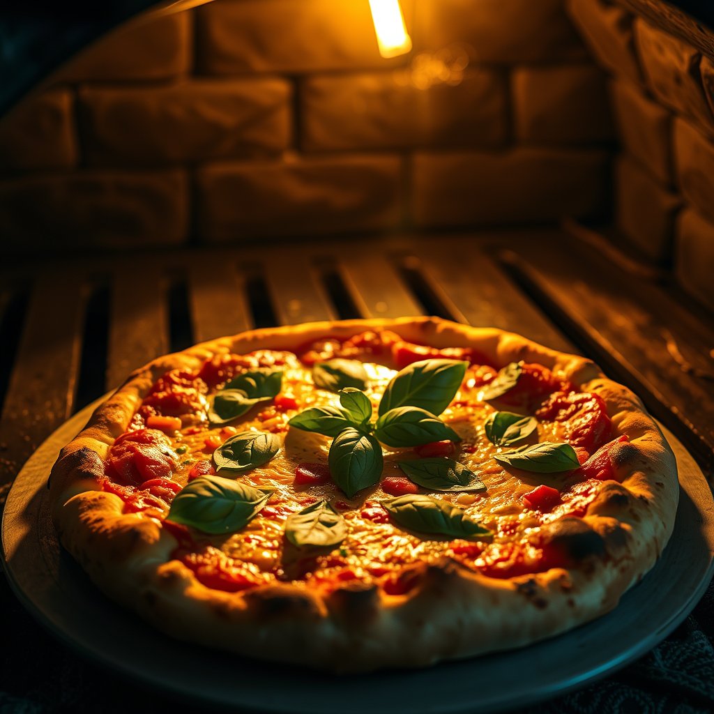 a rustic pizza fresh out of the oven with basil, golden hour lighting, warm tones, atmospheric