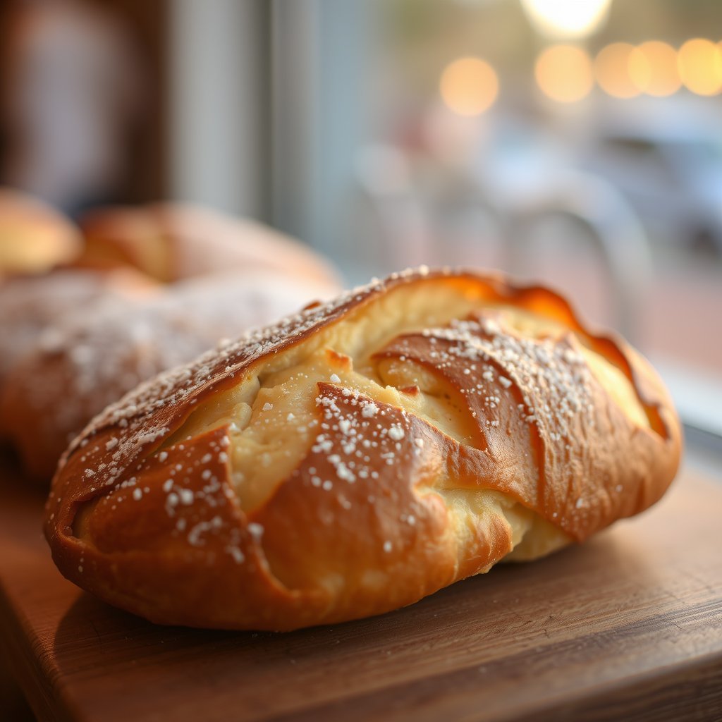 food fresh bread pastry bakery item closeup, golden hour lighting, warm tones, atmospheric