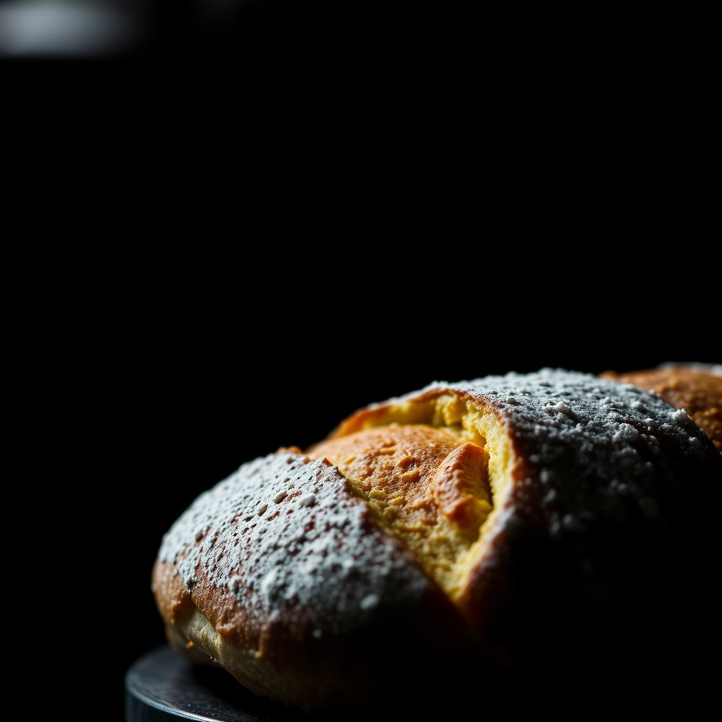 food fresh bread pastry bakery item closeup, moody lighting, high contrast, fine art photography